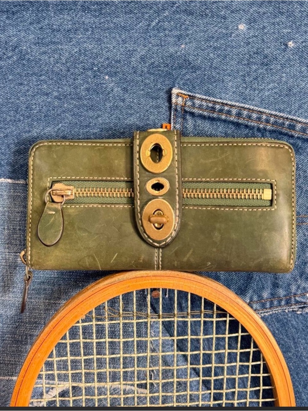 Coach Olive Green Leather Zip Wallet with Gold-Tone Hardware